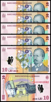 Romania 10 Lei  2018 2024, UNC, 5 Pcs LOT, Consecutive, POLYMER, P-119 - Image 1 of 4