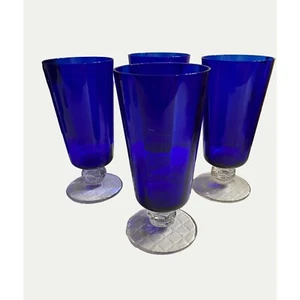 Vtg 4 HEISEY Cobalt Blue Optic Ice Tea Water Juice Crystal Stem Goblets - Picture 1 of 9