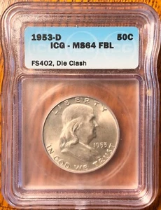 ICG Graded MS 64 FBL, FS402, Die Clash 1953-D USA Franklin Coin 50c (Bugs Bunny) - Picture 1 of 5