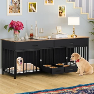 Large Indoor Dog Crate Furniture TV Stand w/ Storage & Feeder Double Kennel 74.8 - Picture 1 of 12