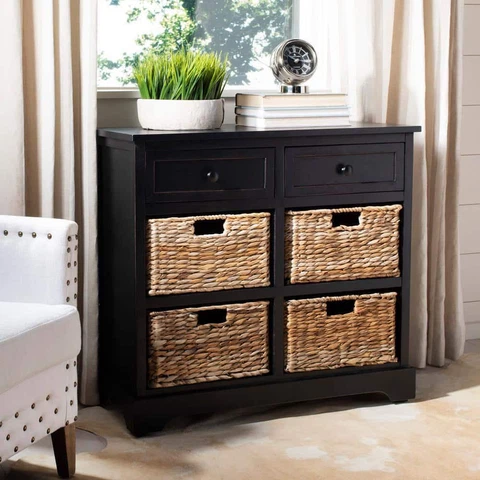 SAFAVIEH Chest 2 Drawers and 4 Wicker Storage Bins Distressed Black Farmhouse Cover