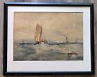Antique 1893 Indistinctly Signed H.J.H. Seascape Boats Steamship Sail Watercolor