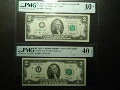 CONSECUTIVE SERIAL 1976 $2 FRN, MINNEAPOLIS STAR NOTES, FR#1935-I*, PMG 40 EPQ - Image 1 of 4