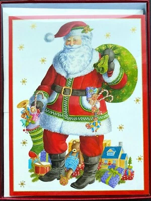 Box of 16 Caspari Christmas Cards Santa Claus With Sack Of Toys Large &Envelopes - Image 1 of 4