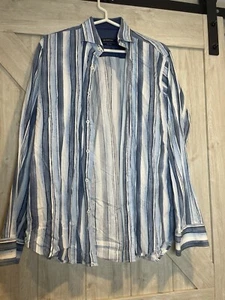 Bugatchi Classic Fit Uomo Manica Lunga Bottoni Infradito Polsino Rigato Blu Cotone - Foto 1 di 9