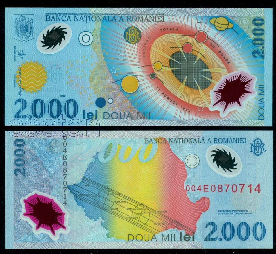 1999 Solar Eclipse,Sonnenfinsternis,2000 Lei Banknote,Romania, 1st Polymer/Note - Image 1 of 1