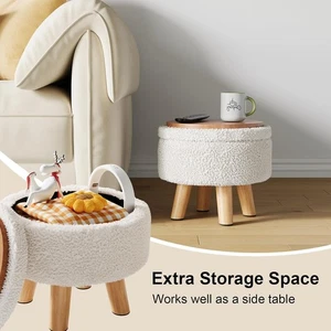 Round Pouf Small Ottoman Footrest White Boucle Stool With Storage Teddy Velvet - Picture 1 of 8