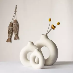 N! Black White Ceramic Vase Sets for Modern Home Décor Round Matte Donut Vases - Picture 1 of 28
