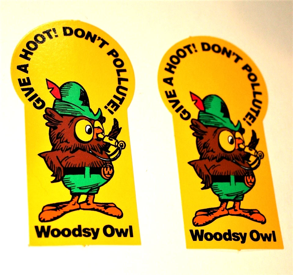 Juego de 2 Woodsy The Owl Give A Hoot Don't Contalute! Pegatinas años 90 nuevas NOS Foto 1 de 3