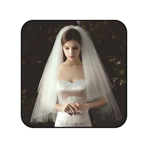 2 Tier Bridal Veil Short Wedding Veils Pearl Veil for Brides Lace Veil with C... - Picture 1 of 7