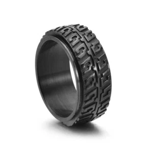Unisex Vintage 10mm Tyre Tread Wedding Ring, Stainless Steel, Black, Size 7-12 - Picture 1 of 1