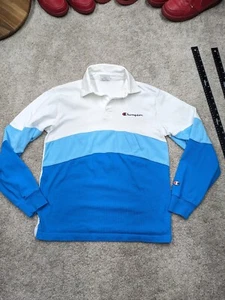 Vintage Champion Colorblock 90s Polo Shirt Small Blue Long Sleeve Cotton Knit - Picture 1 of 10