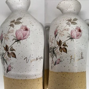 French Pottery Hand Painted Roses Vinegar & Oil Cruet Set - Signed - Picture 1 of 10