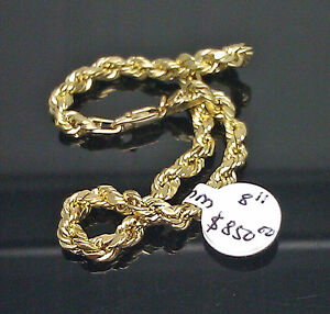 Real 10k Yellow Gold Rope Bracelet 4mm 8" Inch Men women Real diamond Cut