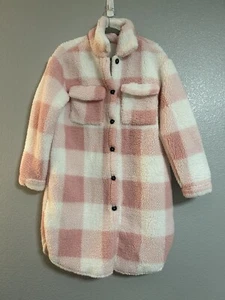 Rosa weiß karierter Button Down Fleece Teddy Mantel Jacke Gr. Small - Bild 1 von 5