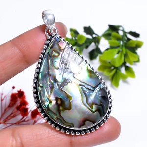Abalone Shell Gemstone Vintage Handmade Jewelry.925 Silver Pendant 2.3" KK9572 - Picture 1 of 6