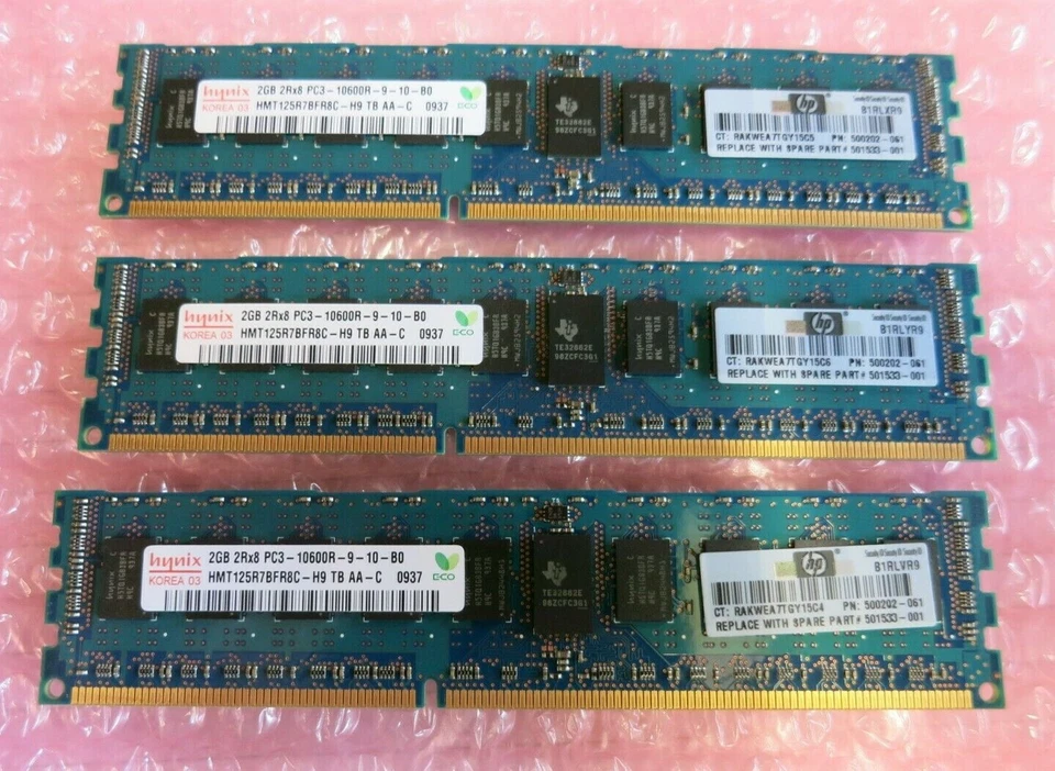 3 x HP Hynix HMT125R7BFR8C-H9 500202-061 501533-001 2GB PC3-10600 240P RAM - Image 1 of 4