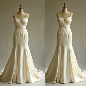 Light Champagne Sheath Wedding Dresses with Spaghetti Straps Satin Bridal Gowns - Picture 1 of 9