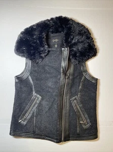 Jessica Simpson Sz XS Black Wool Blend Faux Fur Leather Zipper Moto Vest EUC - Picture 1 of 8