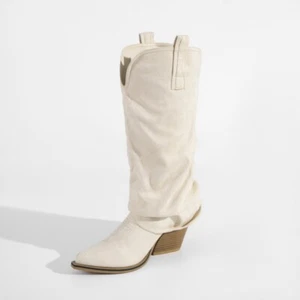 COWBOY BOOT BEIGE FAUX SOFT NAPPA SUEDE ON TREND TURN DOWN LEG - Picture 1 of 7