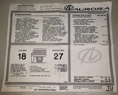 2002 年 OLDSMOBILE AURORA 经销商车窗贴纸 — 第 1/2 张图片