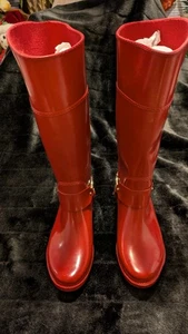 Michael Kors women's red harness knee high rubber boots, 15.5 in tall,size9 - Foto 1 di 8
