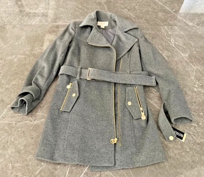 Nuevo chaquetón de lana Michael Kors de doble pecho con cinturón, gris, pequeño, herrajes dorados Foto 1 de 4