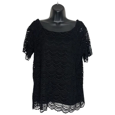 Talbots Top 女式 M 小号黑色钩针花边覆盖扇形波西米亚农民 — 第 1/4 张图片