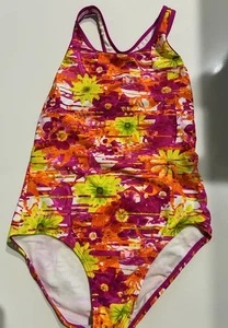 SPEEDO Girl Racerback One Piece Swimsuit Size 16 Competition Bright Floral - Picture 1 of 4