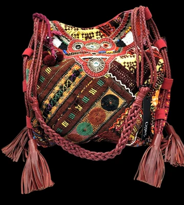 Increíble Bolso de Mano de Diseñador GYPSY 05 Nuevo con Etiquetas Boho Decorado Cuero y Lona Foto 1 de 4