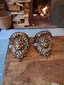 Pair Off Brass Coloured Lions Head Wall Sconces,  Very Heavy - Picture 1 of 9