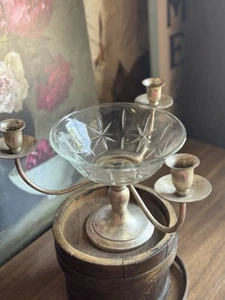 Vintage 3-Arm Metal Candelabra w/ Etched Glass Bowl – Elegant Centerpiece - Picture 1 of 8