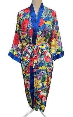 Bata Kimono Floral Satén Vintage Años 90 Para Mujer Talla S Azul Borde Bolsillos Cinturón Foto 1 de 4