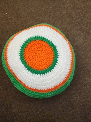 Handmade Crochet Round Green And Orange Pillow - Image 1 of 4
