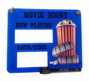 MOVIE NIGHT Now Playing - Date/Time 9" x 7 1/2" Wood Dry Erase Board with Marker - Picture 1 of 4