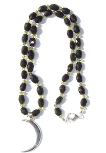 Faceted Dark Green Tourmaline Necklace, Sterling Silver Crescent Moon Pendant - Picture 1 of 5