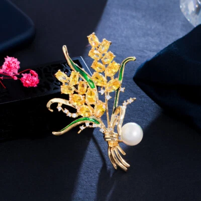 Broche prendedor top flor chapado en oro amarillo circonita cúbica esmalte trigo perla para mujer fiesta Foto 1 de 4