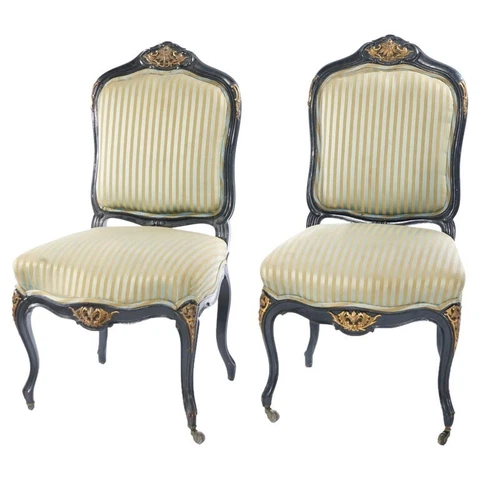 Antique French Louis XV Style Ebonized Carved Wood & Ormolu Side Chairs 20thC Cover