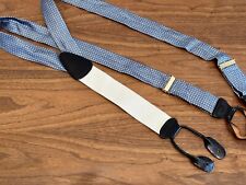 TRAFALGAR Blue Geometric Silk Suspenders Braces w Brown Leather Trim