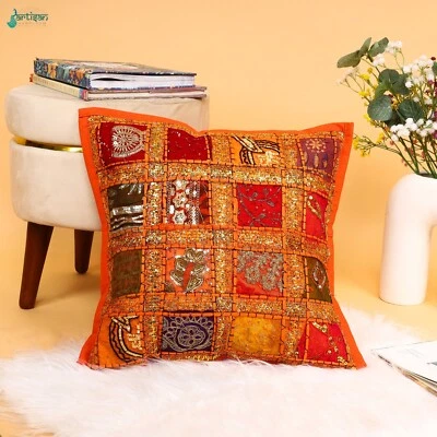 Artisan Handloom Orange Khambadiya Sequin Patchwork 16 Inch Cotton Cushion Cover - Image 1 of 4