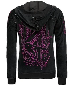Felpa con cappuccio donna Sinful VOLTAGE S NUOVA CON ETICHETTE Birds nera Affliction - Foto 1 di 7
