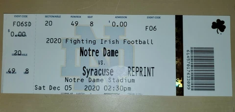 2020 Notre Dame Fighting Irish vs Syracuse Orange Football Ticket Stub RARE Cover