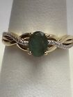 10K Yellow Gold Natural Emerald and Diamond Accent Ring Oval Shape Size 7 New