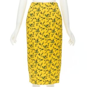 NO 21 yellow green leaf print contrast pink band pencil skirt IT38 XS