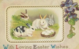 With Loving Easter Wishes Rabbits Purple Iris Flowers Antique Embossed Postcard - Picture 1 of 3