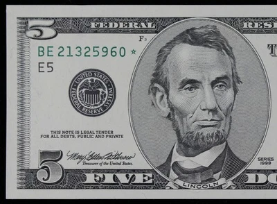 $5 1999 GEM CU Star Federal Reserve Note BE21325960* five dollar, Richmond E5 - Image 1 of 3