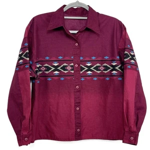 Camisa vintage borgoña patrón azteca occidental manga larga cuello abotonada - Imagen 1 de 2