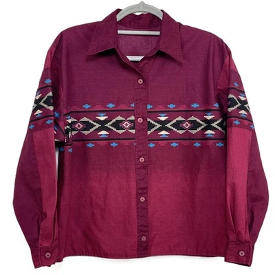 Vintage Burgundy Western Aztec Pattern Long Sleeve Collared Button Up Shirt - Image 1 of 2