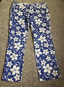 Royal & Awesome Women’s Golf Pants Hawaii Five-O Blue White Floral Hibiscus 18 - Picture 1 of 22