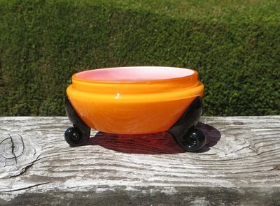 Small Orange Glass Tango Style Bohemian Three Footed Dish - Image 1 of 4